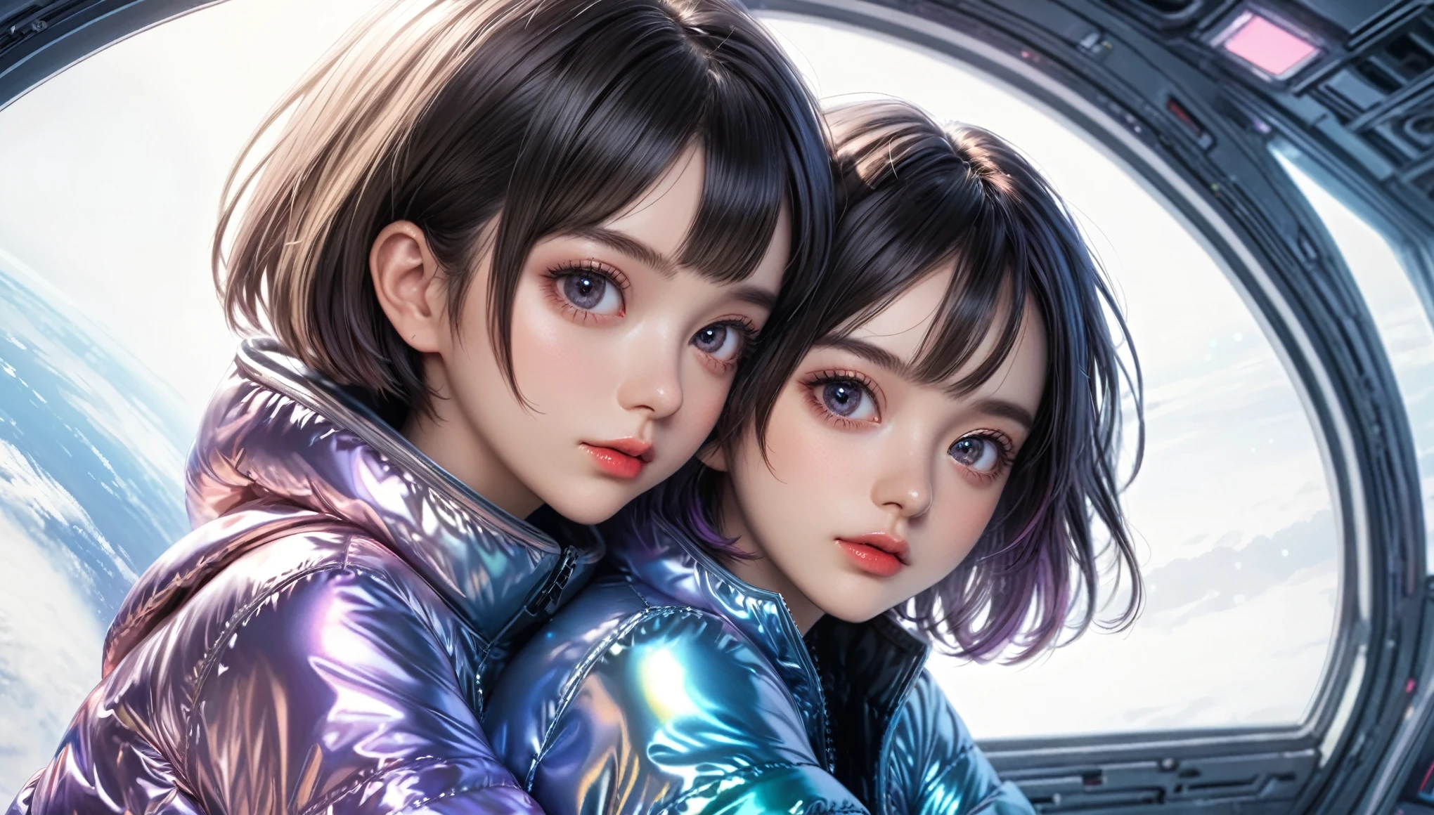 Masterpiece, Best Quality, ((2 cute girls hugging in a open shiny puffer, short sleeves, small perky breasts, extremely detailed face, detailed dark eyes, no lipstick, pixie asymmetrical hair, in a spaceship, random pastell colors))