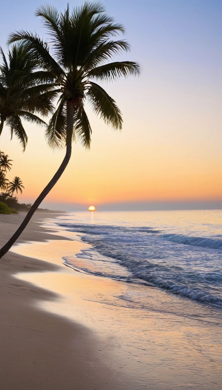 The image depicts a serene beach scene at sunset. The sky is painted with hues of orange, yellow, and blue, reflecting off the calm ocean waters. The sun is visible near the horizon, casting a warm glow over the scene. The beach is sandy with gentle waves lapping at the shore, and there are footprints in the sand, suggesting recent human activity. On the left side of the image, there are palm trees swaying gently, adding to the tropical ambiance. The overall atmosphere is peaceful and idyllic, evoking a sense of relaxation and escape from daily life.