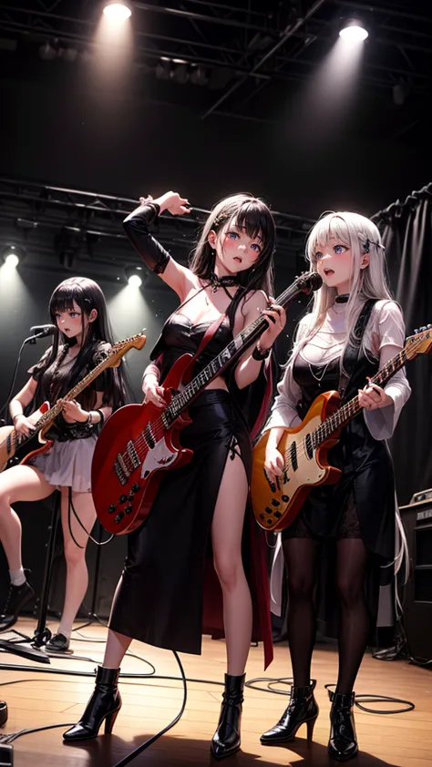 A three-woman metal band dressed in witch costumes、Arrived in Japan and held a mass at a live venue、Neck slashing pose、The inten...