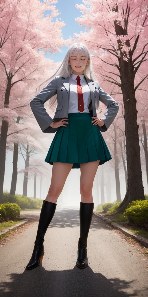 Female, standing, straight, 1girl (Full body, view from below, cowboy shot, looking at viewer, masterpiece, best quality, ultra detailed, immaculate:1.2) 30 y.o. woman, red eyes, LONG SILVER WHITE hair, posing for photo, seductive smile, grey jacket, red necktie, green skirt, Sakura tree, building, (pinched eyes) (closed mouth) (hands on hips)