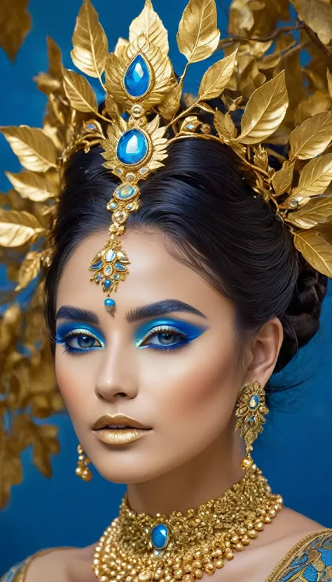 the image showcases a striking blend of nature and luxury, embodied in the form of a woman adorned with gold. her attire is a ha...