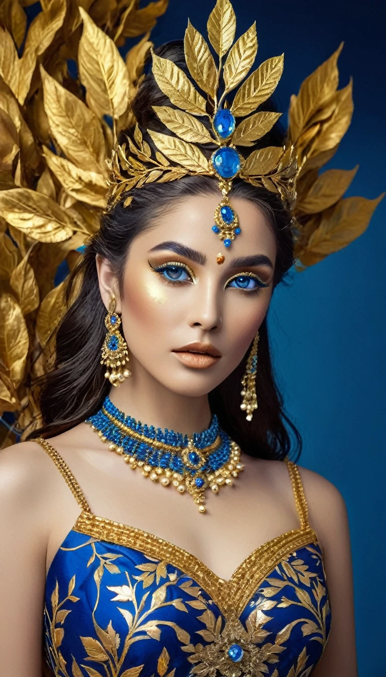 The image showcases a striking blend of nature and luxury, embodied in the form of a woman adorned with gold. Her attire is a harmonious blend of blue and gold, with gold leaves and branches intricately designed on her dress, creating a visual spectacle that is both opulent and organic. The gold leaf crown on her head adds to the regal aura, while the gold leaf makeup on her face enhances her features, giving her a look that is both ethereal and majestic. The blue background provides a cool contrast to the warm tones of the gold, further accentuating the overall aesthetic. This image captures the essence of a modern-day goddess, where fashion and nature coexist in perfect harmony.
