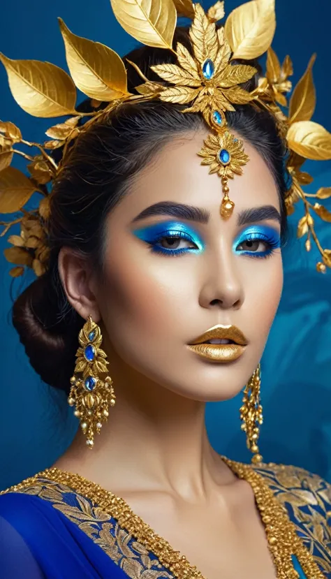 the image showcases a striking blend of nature and luxury, embodied in the form of a woman adorned with gold. her attire is a ha...