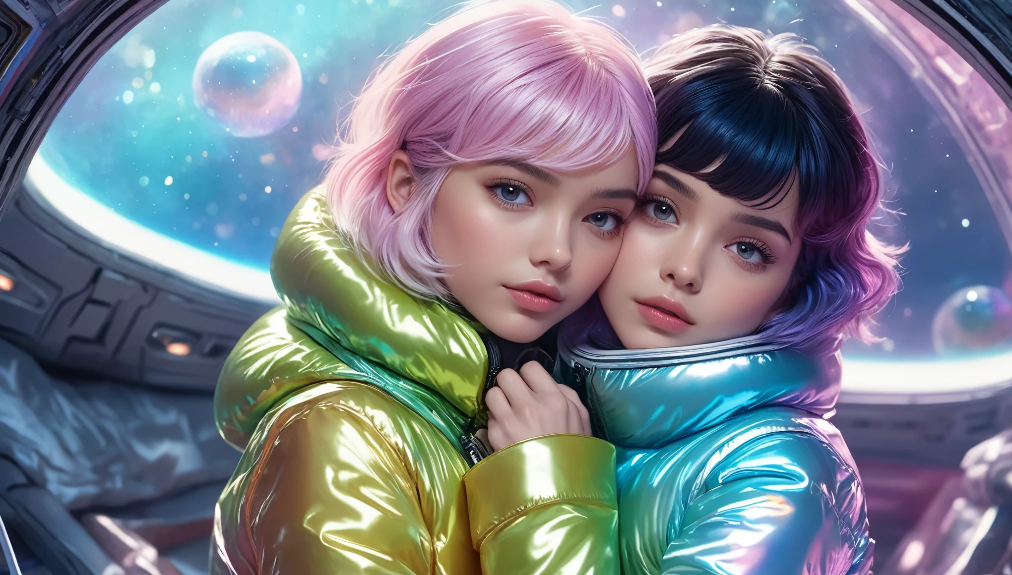 Masterpiece, Best Quality, ((2 cute girls hugging in a open shiny puffer, short sleeves, small perky breasts, extremely detailed face, detailed dark eyes, no lipstick, pixie asymmetrical hair, in a spaceship, random pastell colors, full body view))