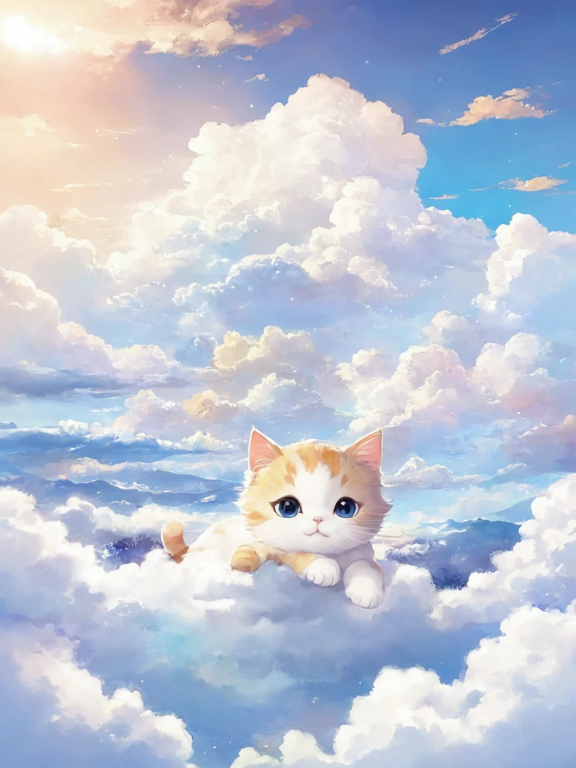 Hay un lindo gato en medio de la nube.，lindo