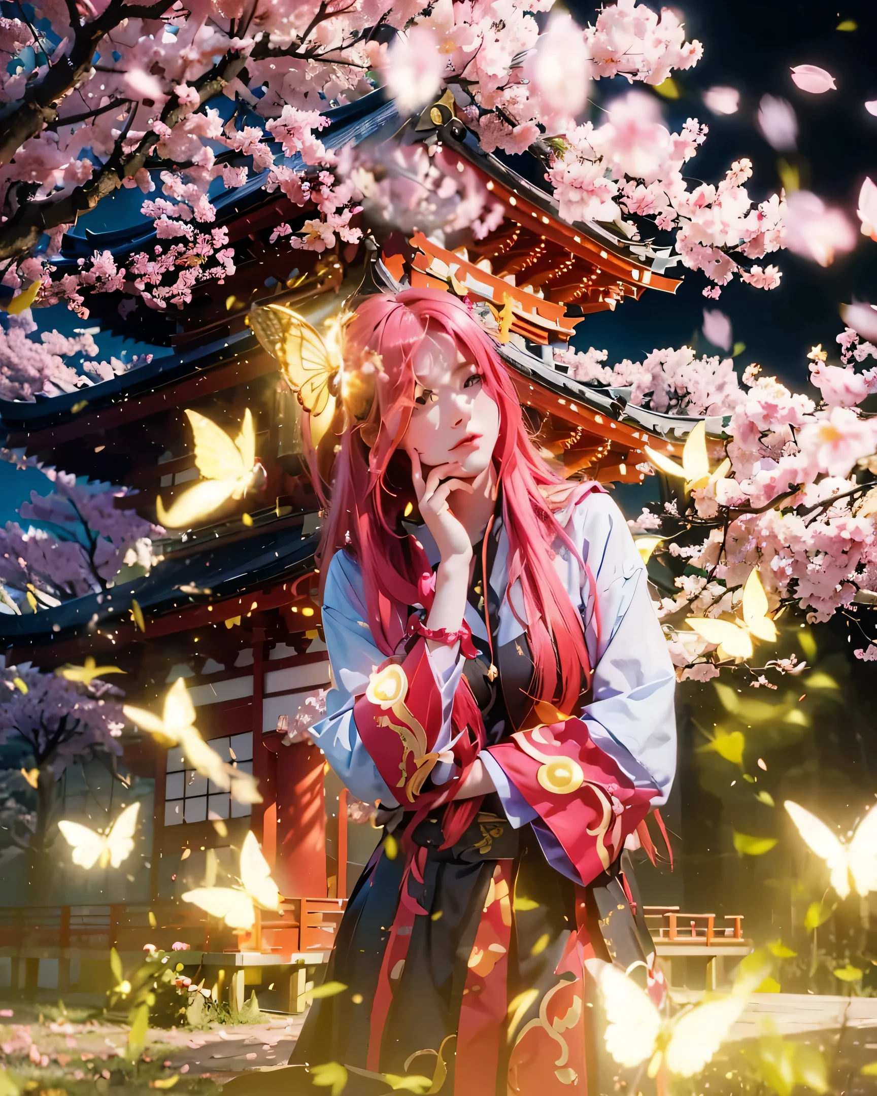 ( KAGURA SKIN EXORCIST_MOBILE LEGEND GANG BANG),((realistic, photorealistic)),(highlight hair)), Light reflection, (( HD )),((upper body)), (((best quality, masterpiece))), (masterpiece) (best quality) (detail) (8k) (HDR) (wallpaper) (cinematic lighting) (sharp focuasterpiece, best quality: 1.1), Real life adaption of this character, Asian teen beauty face, Shining Purple eyes, realistic outfit, realistic shadow, realistic light, realism, hyper realistic, realistic background,(photorealistic:1.2), 1girls,Background of Japanese temple with Sakura trees, Evening,red hair flying, blending, yellow shining butterflies,Particles light, grains of light, cherry blossoms flying, background of Japanese temple house monument at night, detailed photo,