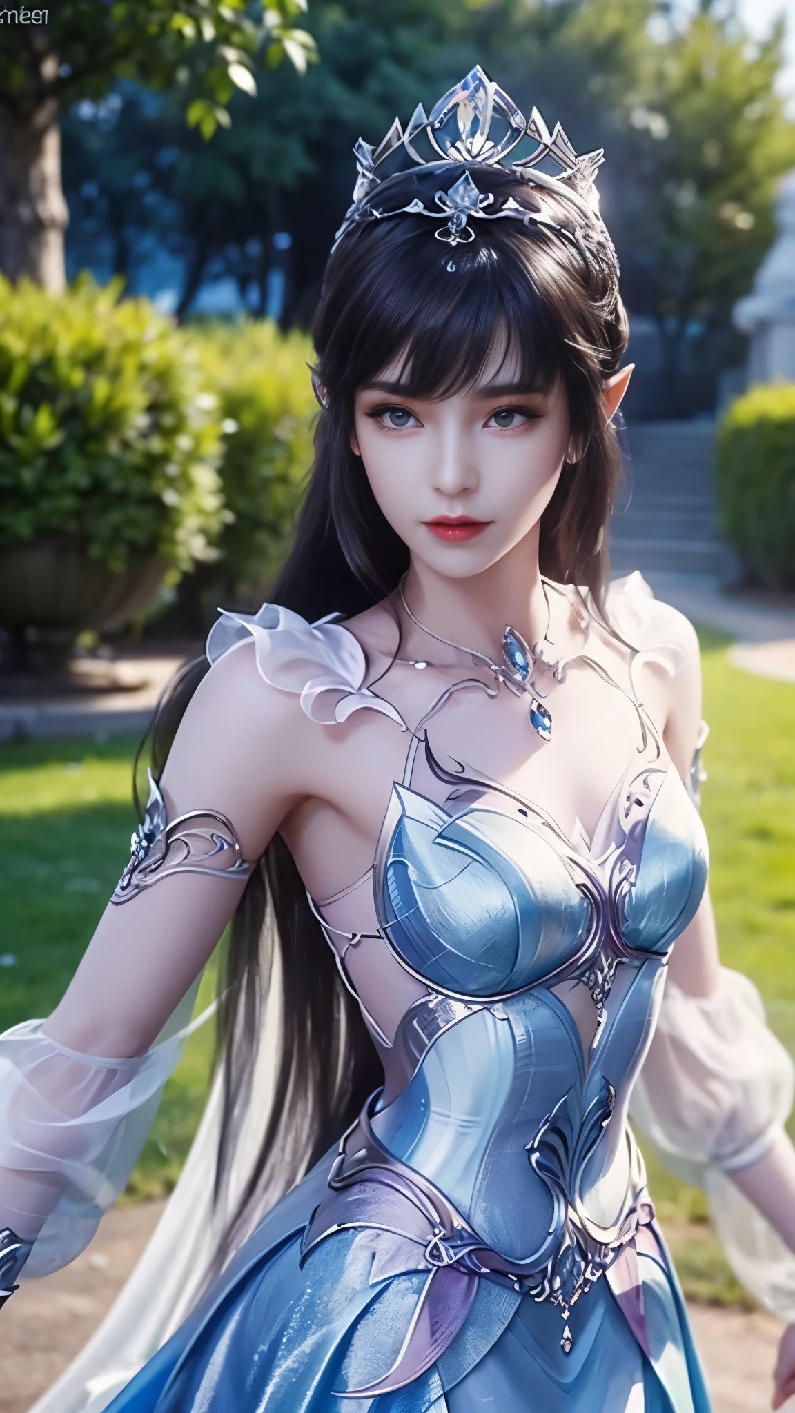 8k, masterpiece, a close up of a woman in a blue dress, a beautiful fantasy empress, beautiful fantasy maiden, fantasy art style, trending on cgstation, beautiful and elegant elf queen, beautiful maiden, shining skin, intricate ornate anime cgi style, ((a beautiful fantasy blue empress)), beautiful alluring Realistic woman, shining skin, in the park, sun shining, Realistic shadow, ((front body pose)),