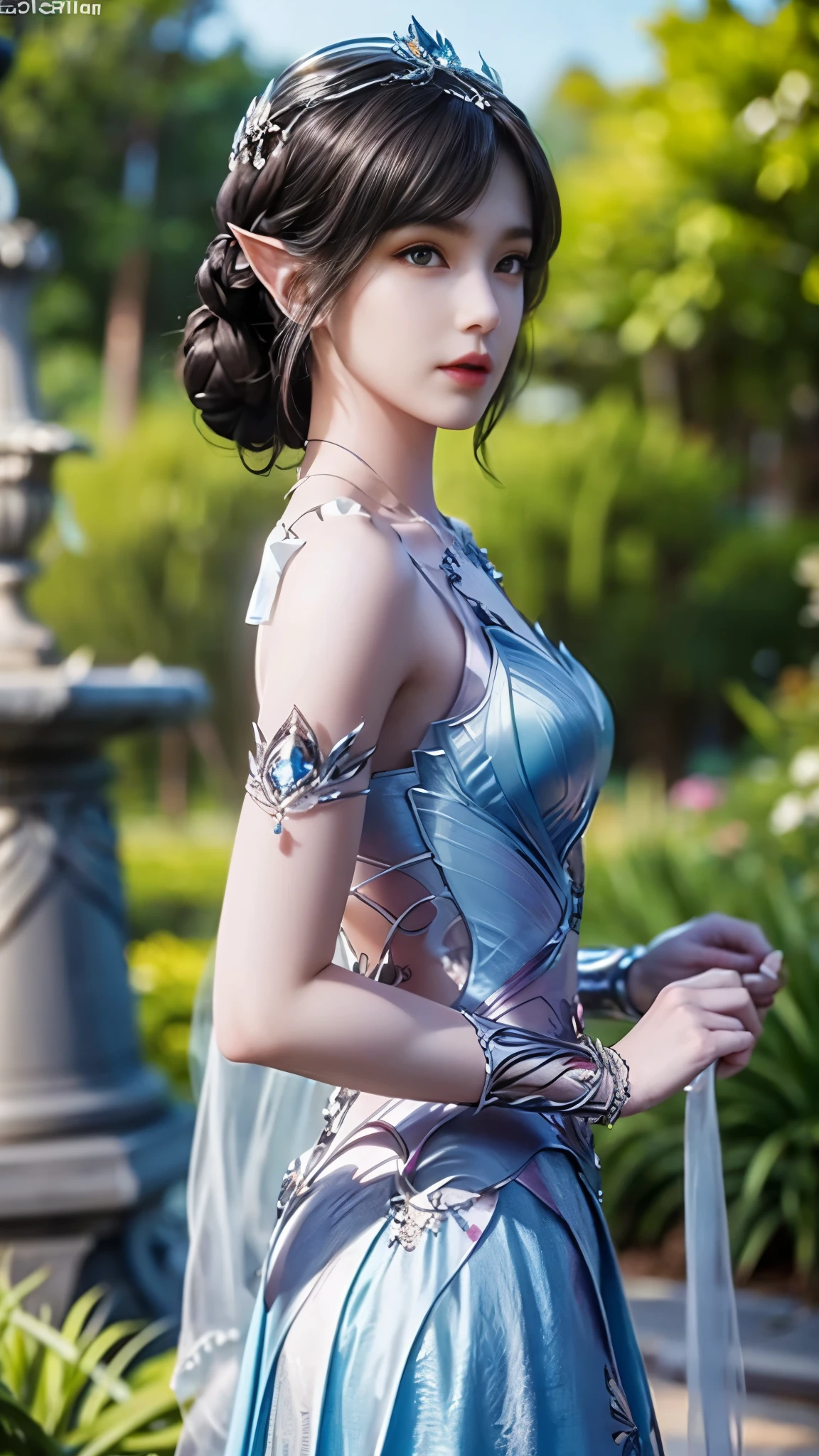 8k, masterpiece, a close up of a woman in a blue dress, a beautiful fantasy empress, beautiful fantasy maiden, fantasy art style, trending on cgstation, beautiful and elegant elf queen, beautiful maiden, shining skin, intricate ornate anime cgi style, ((a beautiful fantasy blue empress)), beautiful alluring Realistic woman, shining skin, in the park, sun shining, Realistic shadow, ((front body pose)),