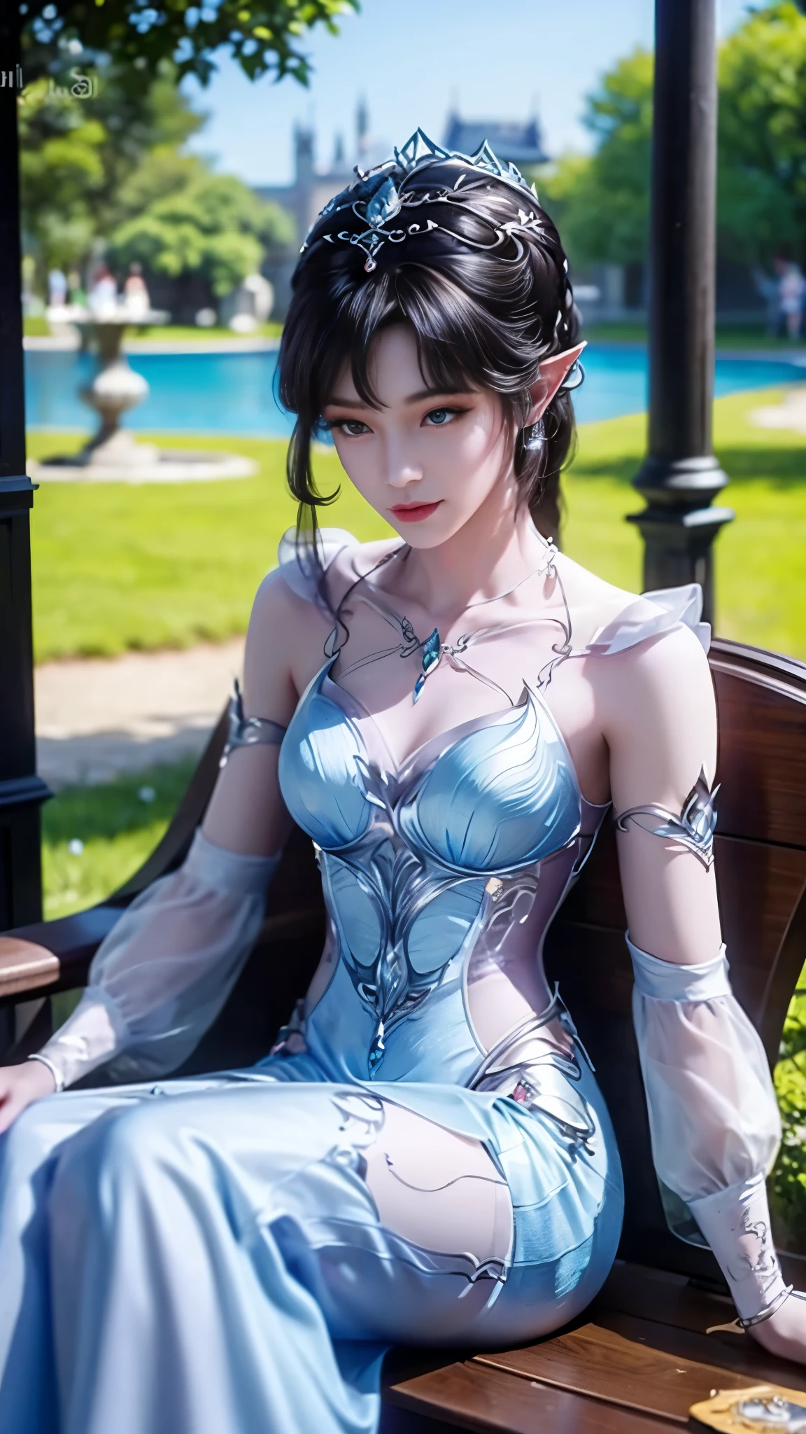 8k, masterpiece, a close up of a woman in a blue dress, a beautiful fantasy empress, beautiful fantasy maiden, fantasy art style, trending on cgstation, beautiful and elegant elf queen, beautiful maiden, shining skin, intricate ornate anime cgi style, ((a beautiful fantasy blue empress)), beautiful alluring Realistic woman, shining skin, in the park, sun shining, Realistic shadow, ((front body pose)), sitting, 