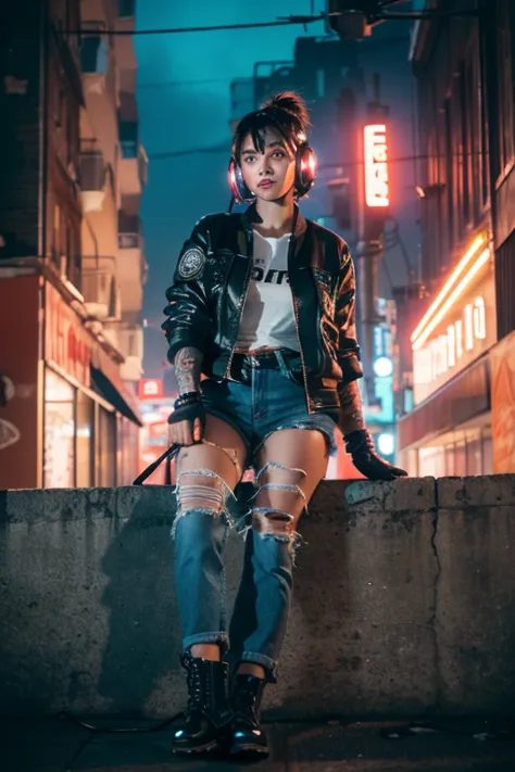 (film stock), (extremely detailed cg unity 8k wallpaper) full body portrait of a cyberpunk woman leaning on a wall in cyberpunk ...