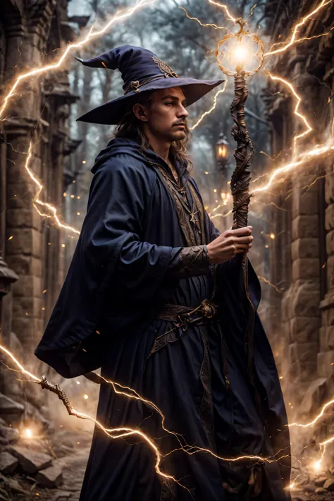 a man in a wizard costume holding a staff and lightning