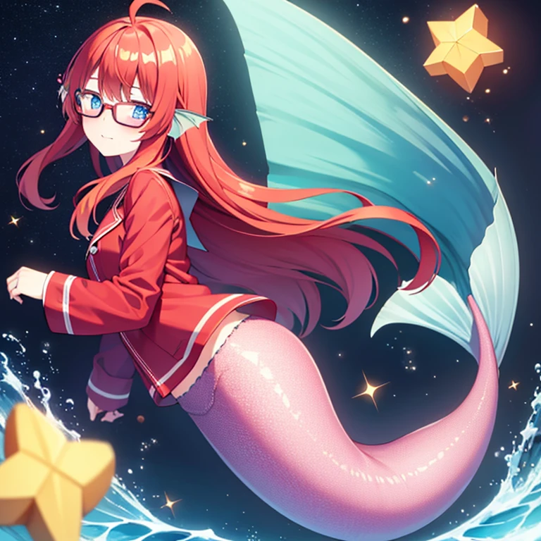 Mermaid, Itsuki Nakano, ((1 girl)), ((alone)),((only)), medium fluffy hair, red hair, hair ornament, star decoration, blue eyes, black glasses,(blush), underwater, full body, happy, long mermaid tail below waistline, fins ears, red fish scales on skin,