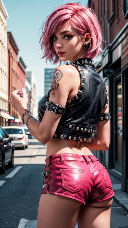 Cute 18 year old punk girl,、(top-quality、in 8K、32K、​masterpiece、cowboy shot)、(Photorealsitic:1.4),Fancy makeup, shapeless punk hair, (studded punk fashion clothing)、A pink-haired, cheeky leather short shorts、realistic,、Downtown District Background、backlight effect、depth of fields,blurry background