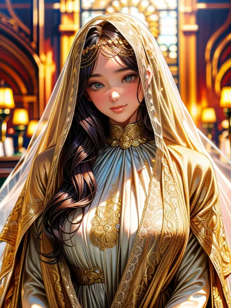 supermodel with detailed long, curly, flowing hair, dressed in golden clothes (translucent and exquisitely embroidered) (lace fa...