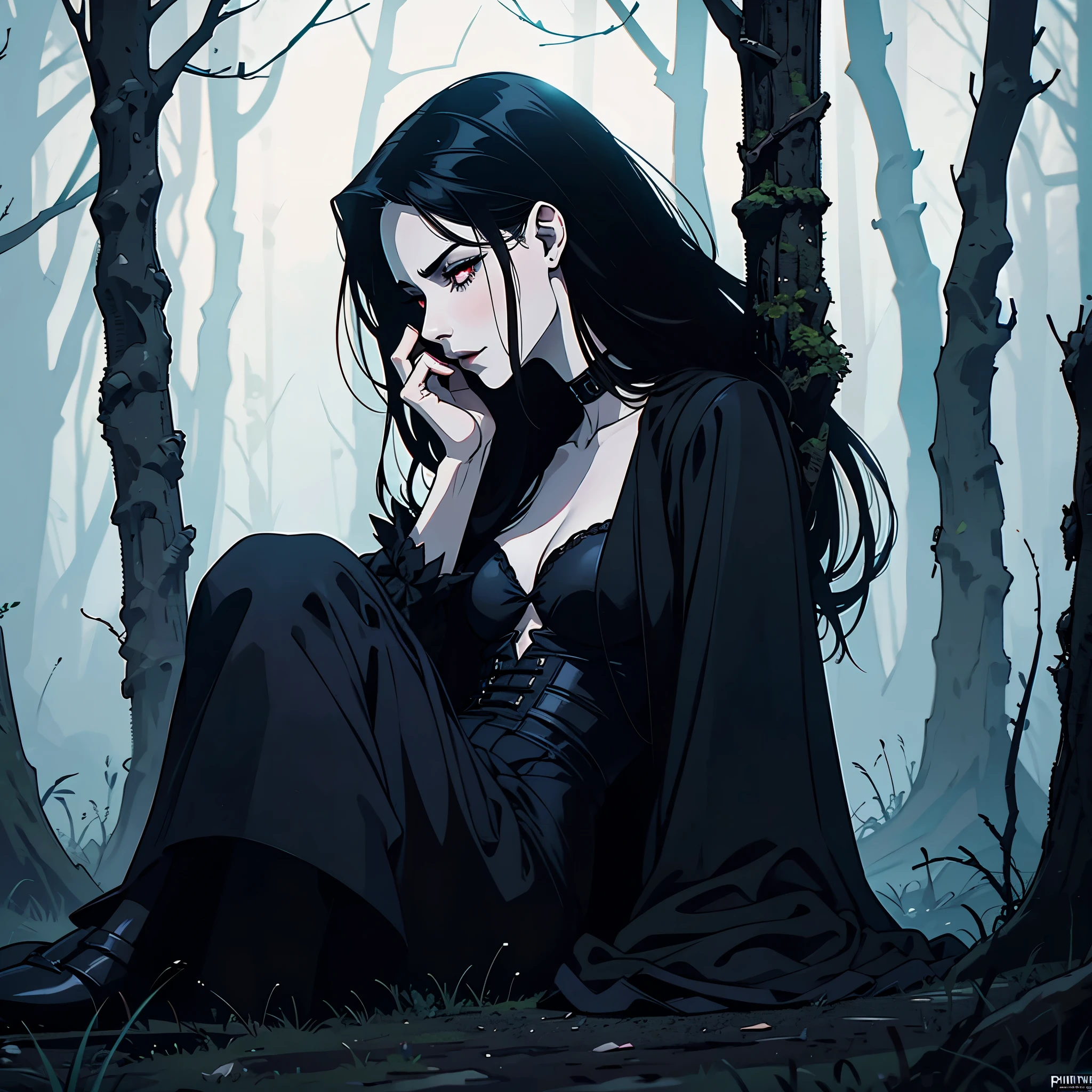 (best quality,4k,8k,highres,masterpiece:1.2),ultra-detailed,(realistic,photorealistic,photo-realistic:1.37),goth korean girl, gothic,1woman,dark forest,red eyes,dark ambient,low saturation,anime style,pale skin,long flowing hair,gothic clothing,silhouette,surreal background,mysterious atmosphere,intense emotions,melancholic expression,lens flare,dramatic shadows,symbolic elements,heavy makeup,pale and dark colors,misty fog,ethereal beauty,subtle texture, dark makeup, back shot , full body, wicked smile, witch, sitting on ground
