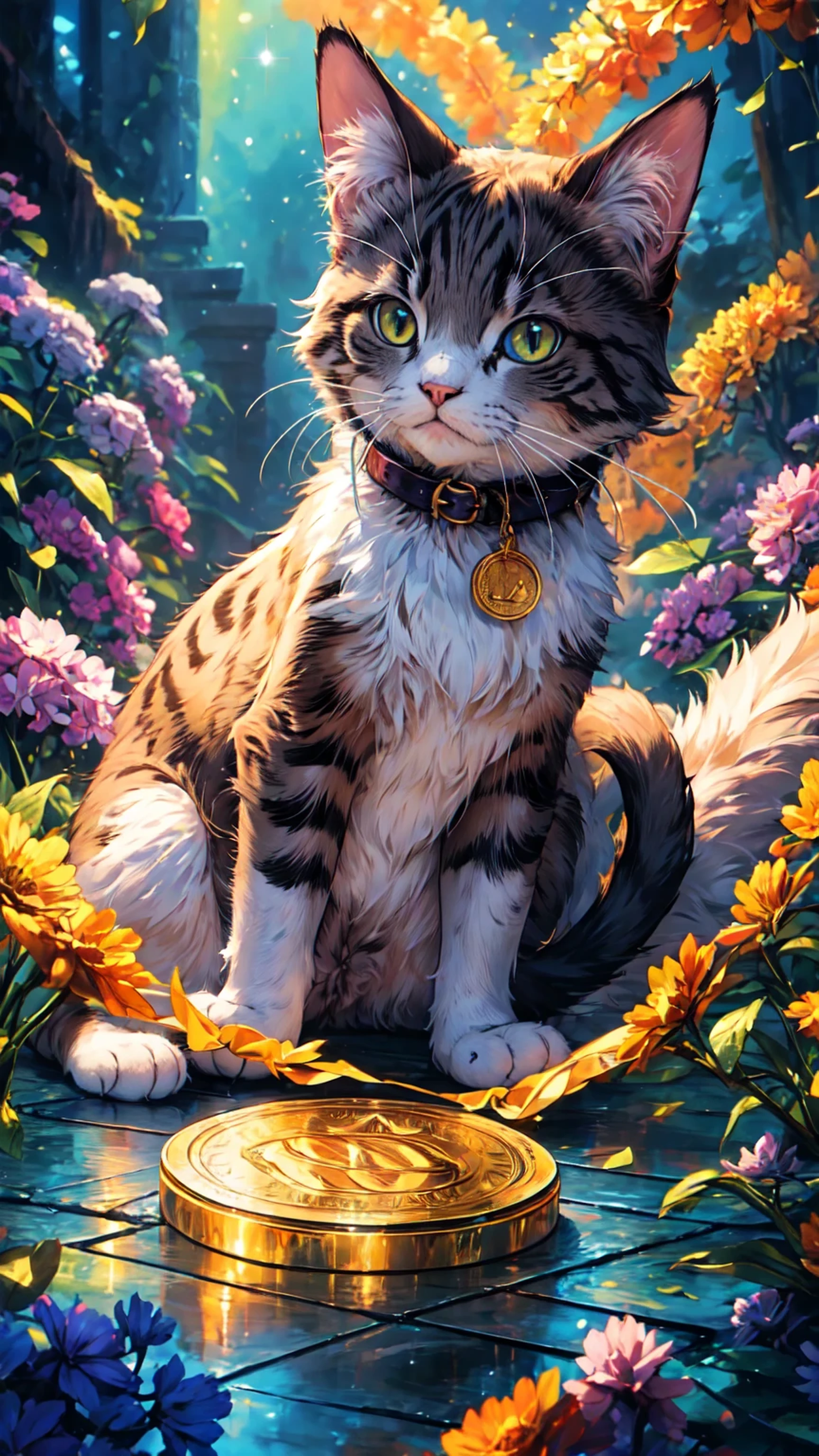 Um gato brincando com uma moeda de ouro, pele brilhante, olhos e ouvidos detalhados, Cauda felpuda, Expressão lúdica, pose adorável, cores vibrantes, iluminação mágica, estilo de pintura a óleo, alta qualidade, ultra-detalhado, realista, bokeh, cores vivas, golpes magistrais, TEXTURAS VIDAIS, detalhes requintados, obras de arte hipnotizantes, Padrões intrincados, composição cativante, renderização profissional, photorealista, tons vivos, sombras dramáticas, atmosfera de sonho.