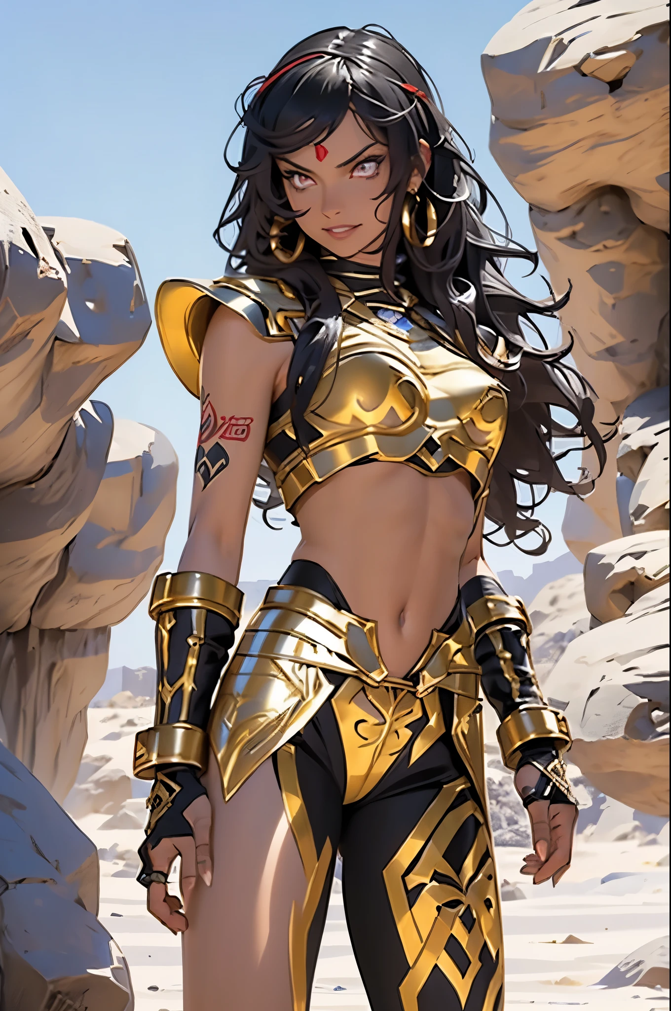 (Masterpiece, Best quality, high resolucion) 1 tall muscular black egyptian woman warrior with curly black hair and golden eyes, red and gold arabic armor, little smile, covered in tattoos, standing in a desert, ready to fight; action pose, dynamic angle, fantasy