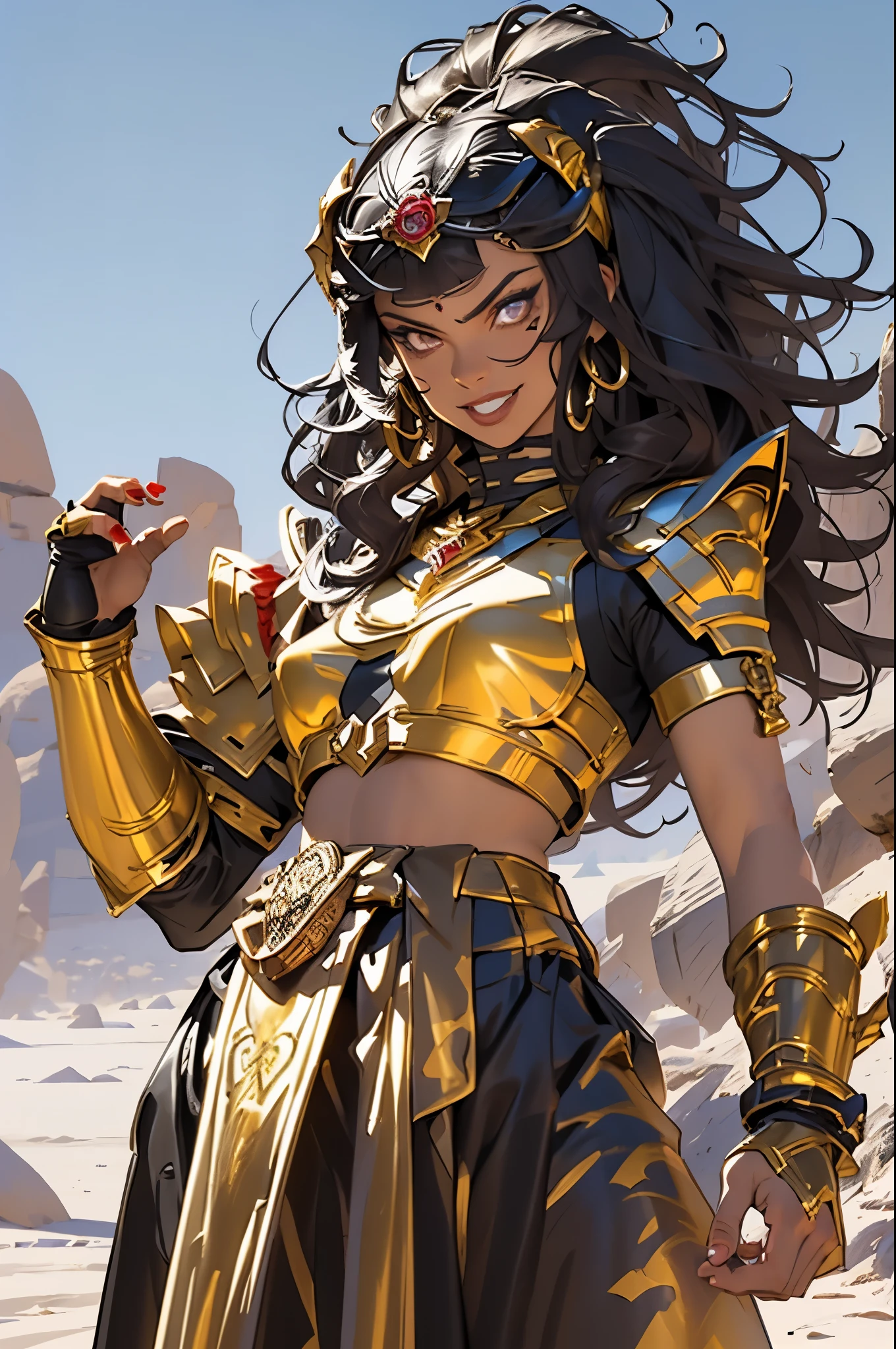 (Masterpiece, Best quality, high resolucion) 1 tall muscular black egyptian woman warrior with curly black hair and golden eyes, red and gold arabic armor, little smile, covered in tattoos, standing in a desert, ready to fight; action pose, dynamic angle, fantasy