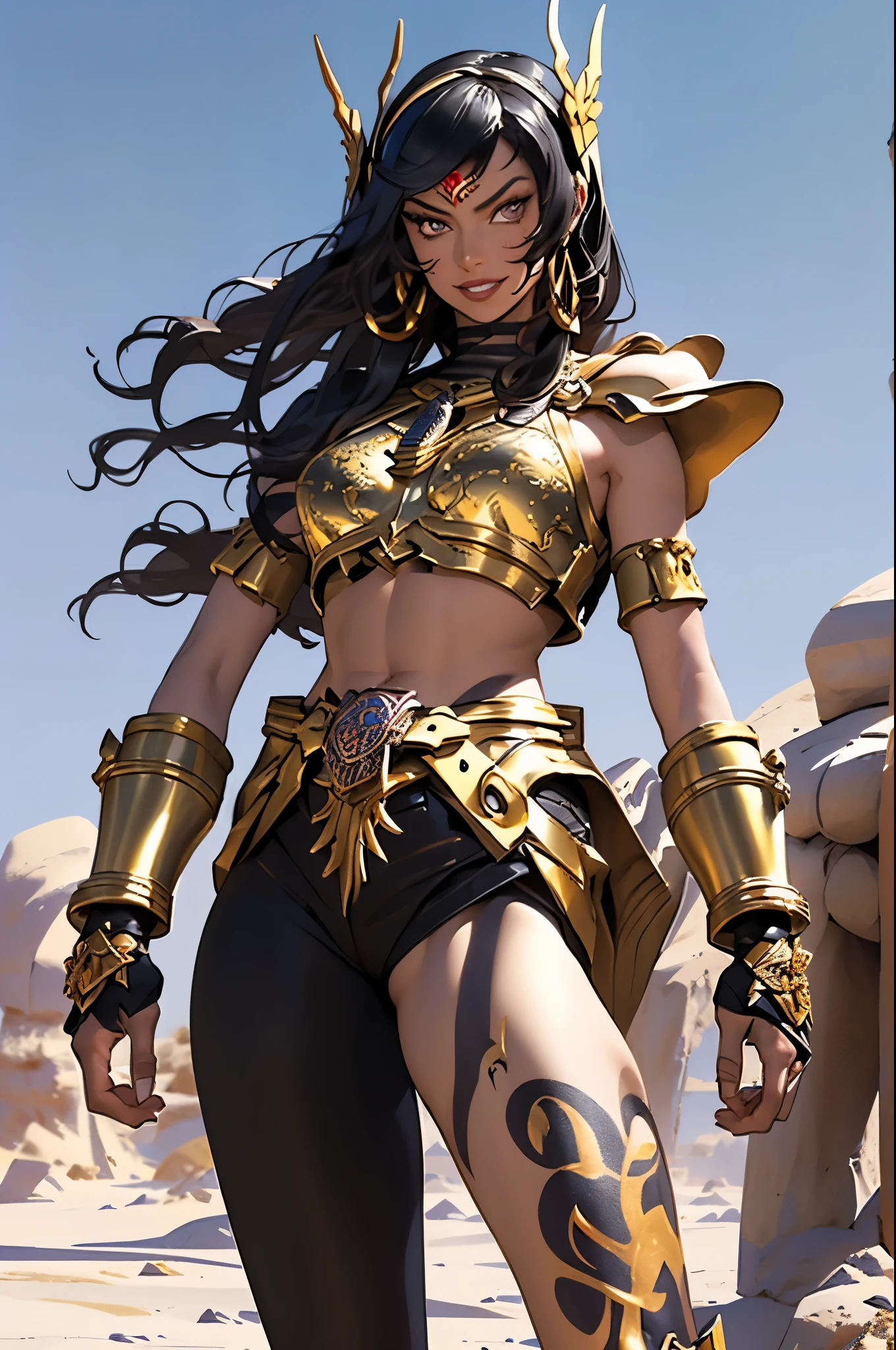 (Masterpiece, Best quality, high resolucion) 1 tall muscular black egyptian woman warrior with curly black hair and golden eyes, red and gold arabic armor, little smile, covered in tattoos, standing in a desert, ready to fight; action pose, dynamic angle, fantasy