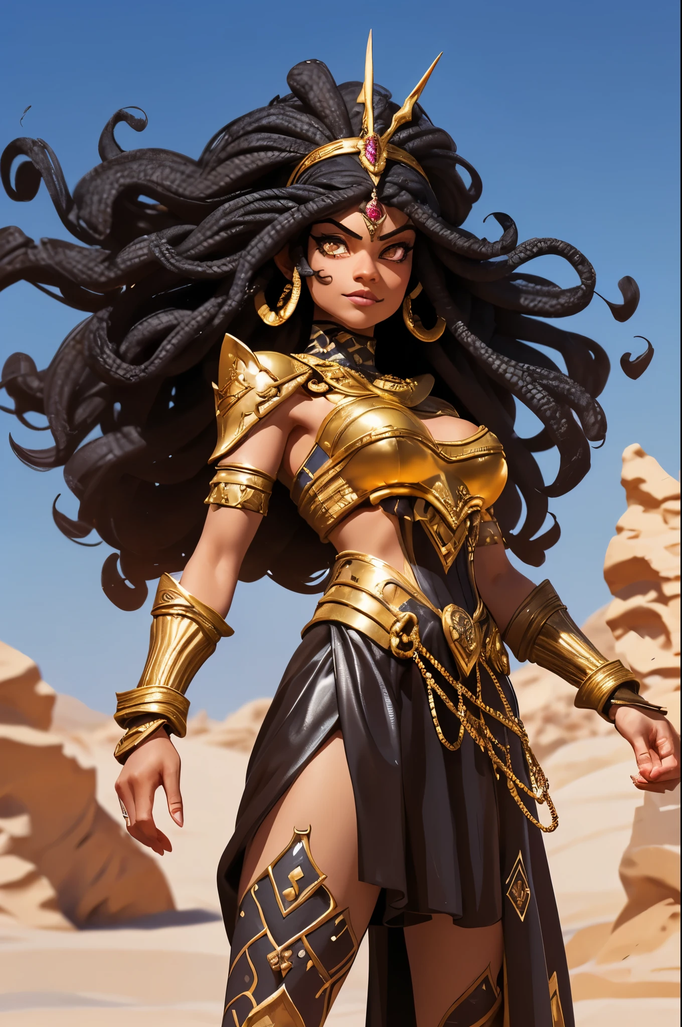 (Masterpiece, Best quality, high resolucion) 1 tall muscular black egyptian woman warrior with curly black hair and golden eyes, red and gold arabic armor, little smile, covered in tattoos, standing in a desert, ready to fight; action pose, dynamic angle, fantasy