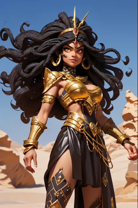 (Masterpiece, Best quality, high resolucion) 1 tall muscular black egyptian woman warrior with curly black hair and golden eyes,...