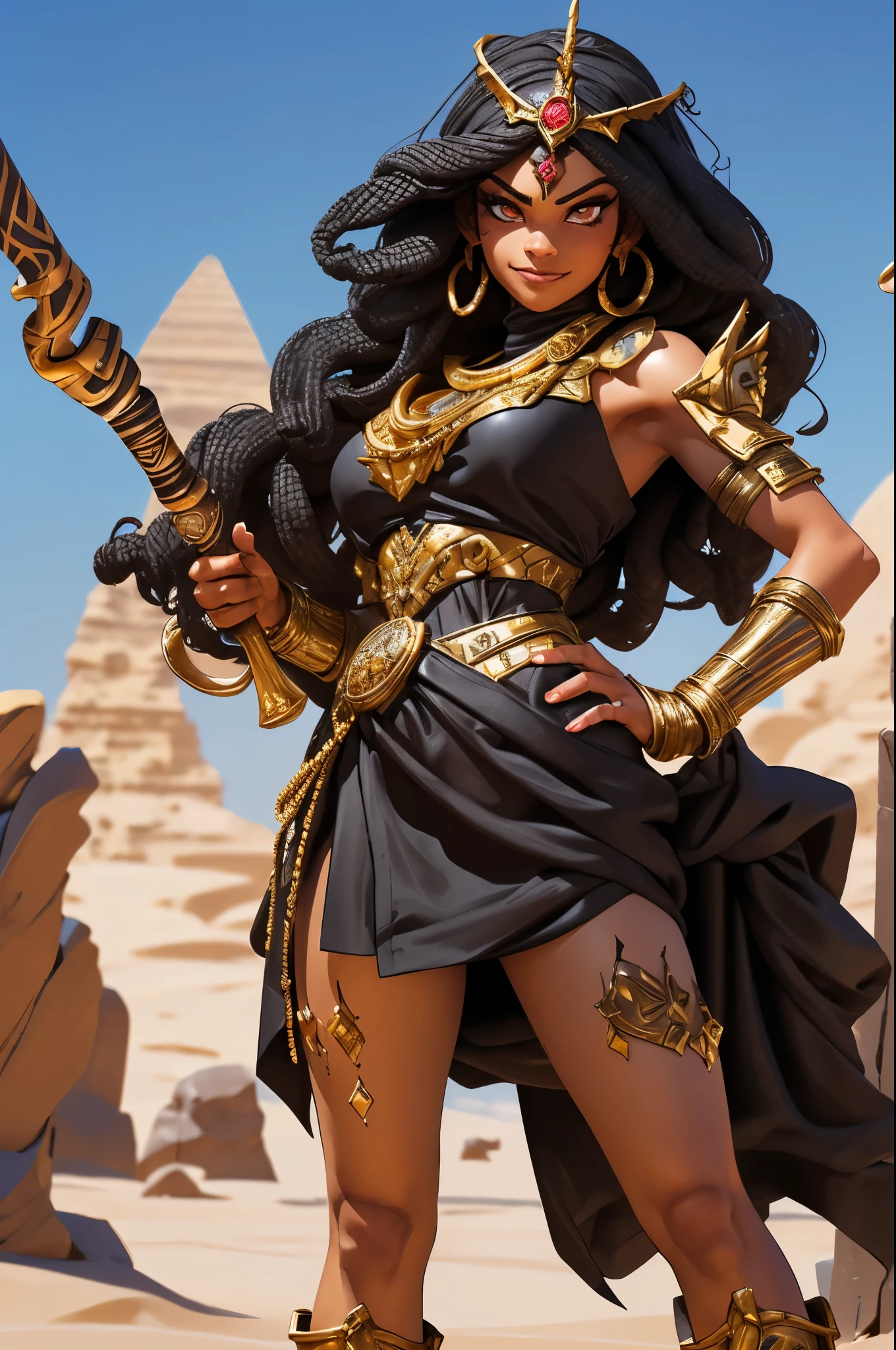(ผลงานชิ้นเอก, คุณภาพดีที่สุด, ความละเอียดสูง) นักรบหญิงชาวอียิปต์ผิวดำตัวสูง 1 คน มีผมสีดำหยิกและดวงตาสีทอง, ชุดเกราะอารบิกสีแดงและสีทอง, ยิ้มเล็กน้อย, ปกคลุมไปด้วยรอยสัก, ยืนอยู่ในทะเลทราย, พร้อมที่จะสู้; ท่าแอ็คชั่น, มุมไดนามิก, แฟนตาซี