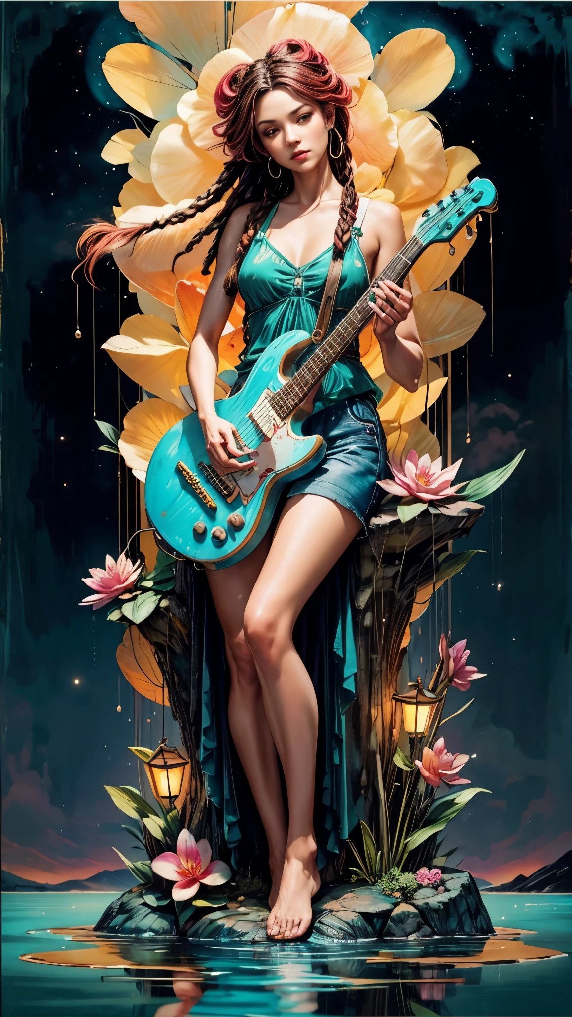 Pinturas simbólicas de arte encáustico, lienzo áspero goteando, wax obra maestra, fondo de crayón, escena compleja de doble exposición, locura sombría, Hermoso lady playing guitar, Vista nocturna del río Hudson, flores rojas, doradas y turquesas, Flores orquídea rosa, cinematográfico, Hiperrealismo con contornos., Surrealism, Desde Royo, transmisión, Mumford, Cuento de hadas, fantasía, pose dinámica, bid, atmósfera, enfoque nítido, Configurar el centrado, fondo complejo, neblina suave, obra maestra. Hermoso, Los detalles más finos, pantalones cortos desabrochados, Camiseta sin mangas, mujer latina morena, Trenzas afro largas, peinado afro, pelo trenzado negro y afro, Brazos Vía Láctea Cielo Nocturno, Nubes rojas al anochecer, dark Nubes rojas al anochecer, simbolos musicales en el aire, arte surrealista, Arte sobreexpuesto, niña sentada en un banco de roca, jardín de noche, lámparas y linternas, flores y estanque, Marco de roca, Ramas enredadas en marcos de piedra., arte de acuarela mojada, acuarela, uñas pintadas de rojo, Vía Láctea junto a una enorme luna llena,