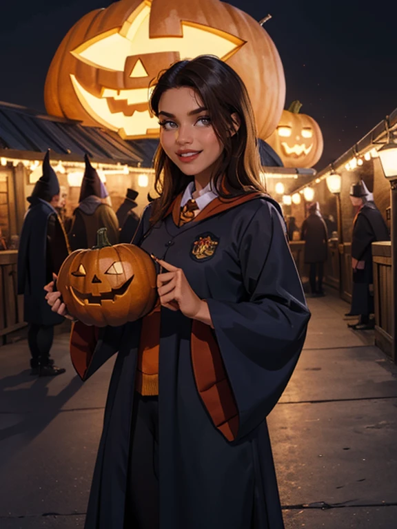 1girl, solo, RAW Photo, Photograph of a young beautiful bright indonesian woman with long hair flow in soft curl, grin smile, pointing and holding pumpkin, wear hogwarts uniform, halloween theme, dark, outdoor, night, detailed background, (cowboy shot:1.1), best quality, masterpiece, uhd, ((photorealistic))