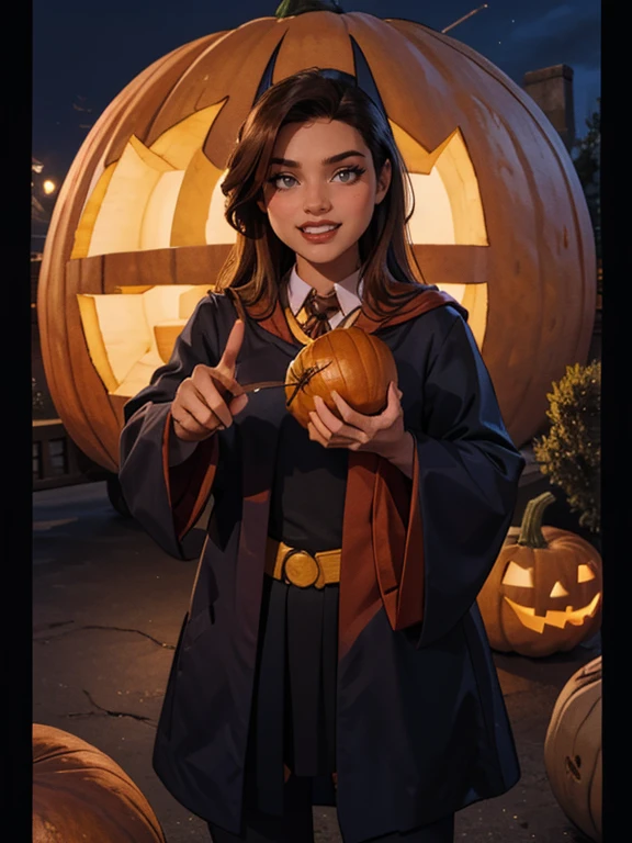 1girl, solo, RAW Photo, Photograph of a young beautiful bright indonesian woman with long hair flow in soft curl, grin smile, pointing and holding pumpkin, wear hogwarts uniform, halloween theme, dark, outdoor, night, detailed background, (cowboy shot:1.1), best quality, masterpiece, uhd, ((photorealistic))