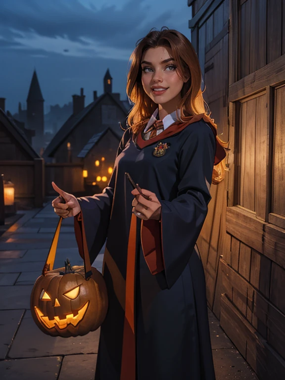 1girl, solo, RAW Photo, Photograph of a young beautiful bright indonesian woman with long hair flow in soft curl, grin smile, pointing and holding pumpkin, wear hogwarts uniform, halloween theme, dark, outdoor, night, detailed background, (cowboy shot:1.1), best quality, masterpiece, uhd, ((photorealistic))