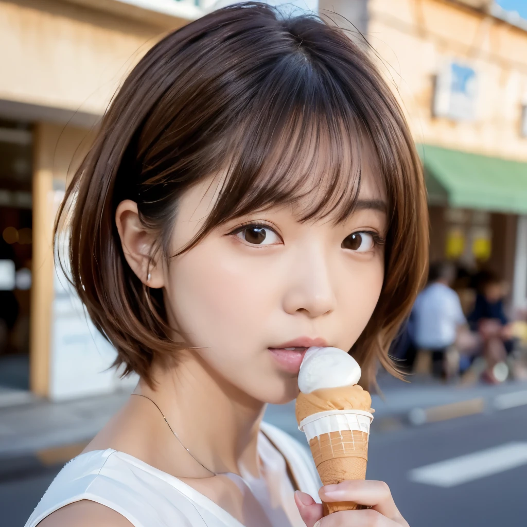 Browsing Caution、highest quality、8k、masterpiece、Ultra-high resolution、クリアなphotograph、リアルなphotograph、Realistic、Professional Lighting、Natural light、photograph、Very cute girl、Short Bob Hair、Brown Hair、Licking soft serve ice cream:1.8、Apply cream to face:1.6、Apply white cream to cheeks:1.6、Face close-up