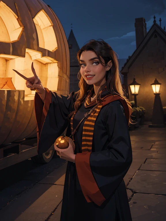 1girl, solo, RAW Photo, Photograph of a young beautiful bright indonesian woman with long hair flow in soft curl, grin smile, pointing and holding pumpkin, wear hogwarts uniform, halloween theme, dark, outdoor, night, detailed background, (cowboy shot:1.1), best quality, masterpiece, uhd, ((photorealistic))