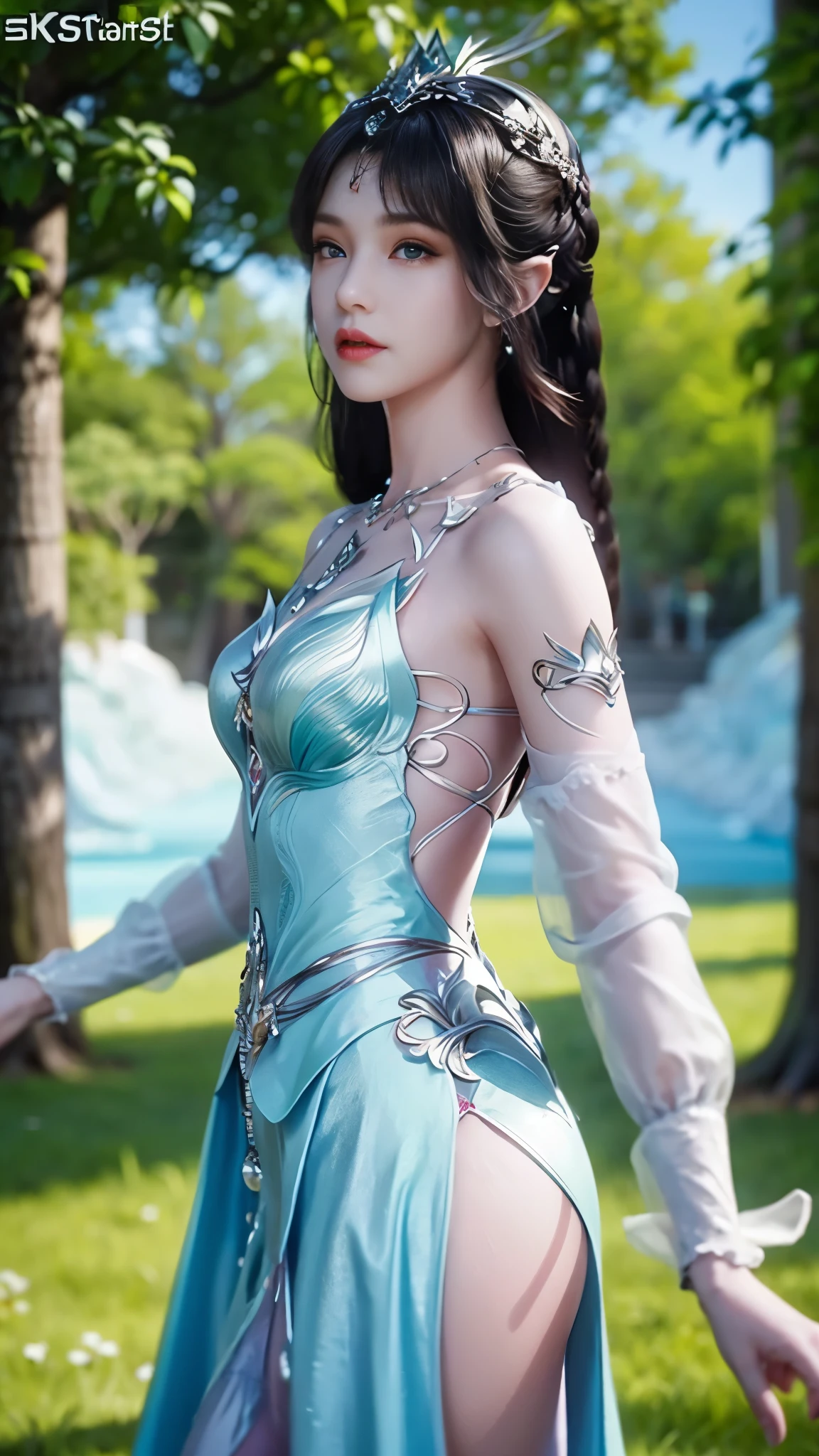 8k, masterpiece, a close up of a woman in a green dress, bare thigh, a beautiful fantasy empress, beautiful fantasy maiden, fantasy art style, trending on cgstation, beautiful and elegant elf queen, beautiful maiden, shining skin, intricate ornate anime cgi style, ((a beautiful fantasy green empress)), beautiful alluring Realistic woman, shining skin, in the park, sun shining, Realistic shadow, attractive poses,