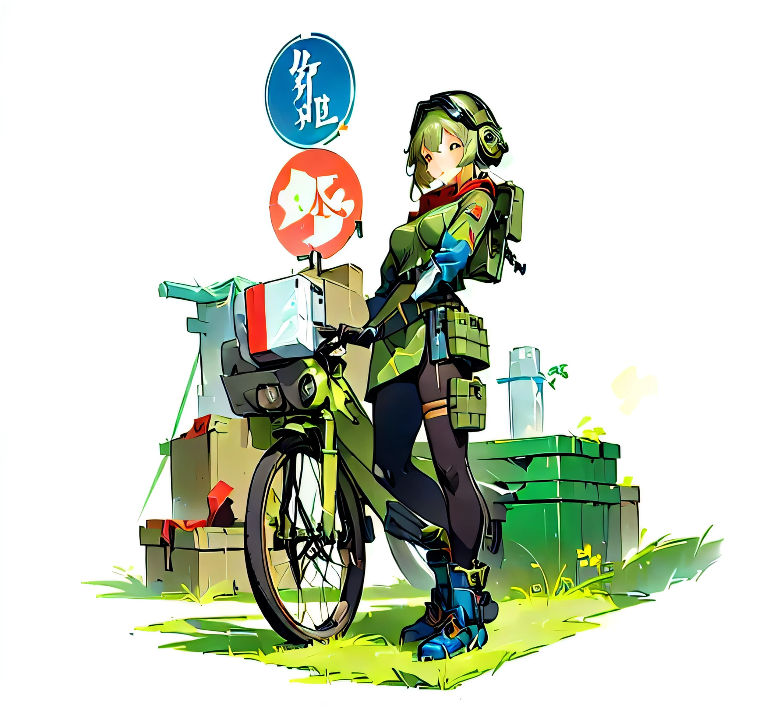 Mechanized female soldier, Lingchang, author：Akihiko Yoshida, Artwork in the style of Guweiz, Girl front style, full body tights1:3，sexy1:3，Tech Helmet，Holding FN Project 1990，Various military reserve boxes in the background，radar，Gravel bike，Character standing drawing