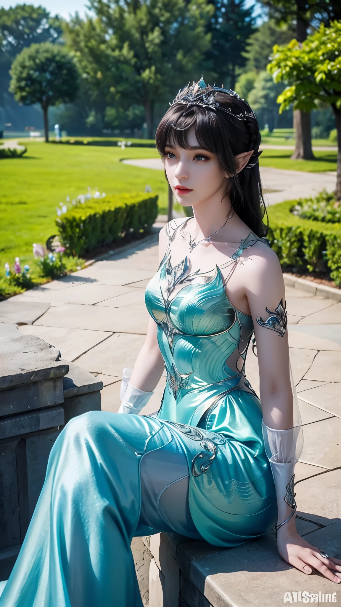 8k, masterpiece, a close up of a woman in a green dress, (cylindrical thigh), a beautiful fantasy empress, beautiful fantasy maiden, fantasy art style, trending on cgstation, beautiful and elegant elf queen, beautiful maiden, shining skin, intricate ornate anime cgi style, ((a beautiful fantasy green empress)), beautiful alluring Realistic woman, shining skin, in the park, sun shining, Realistic shadow, front poses, sitting,