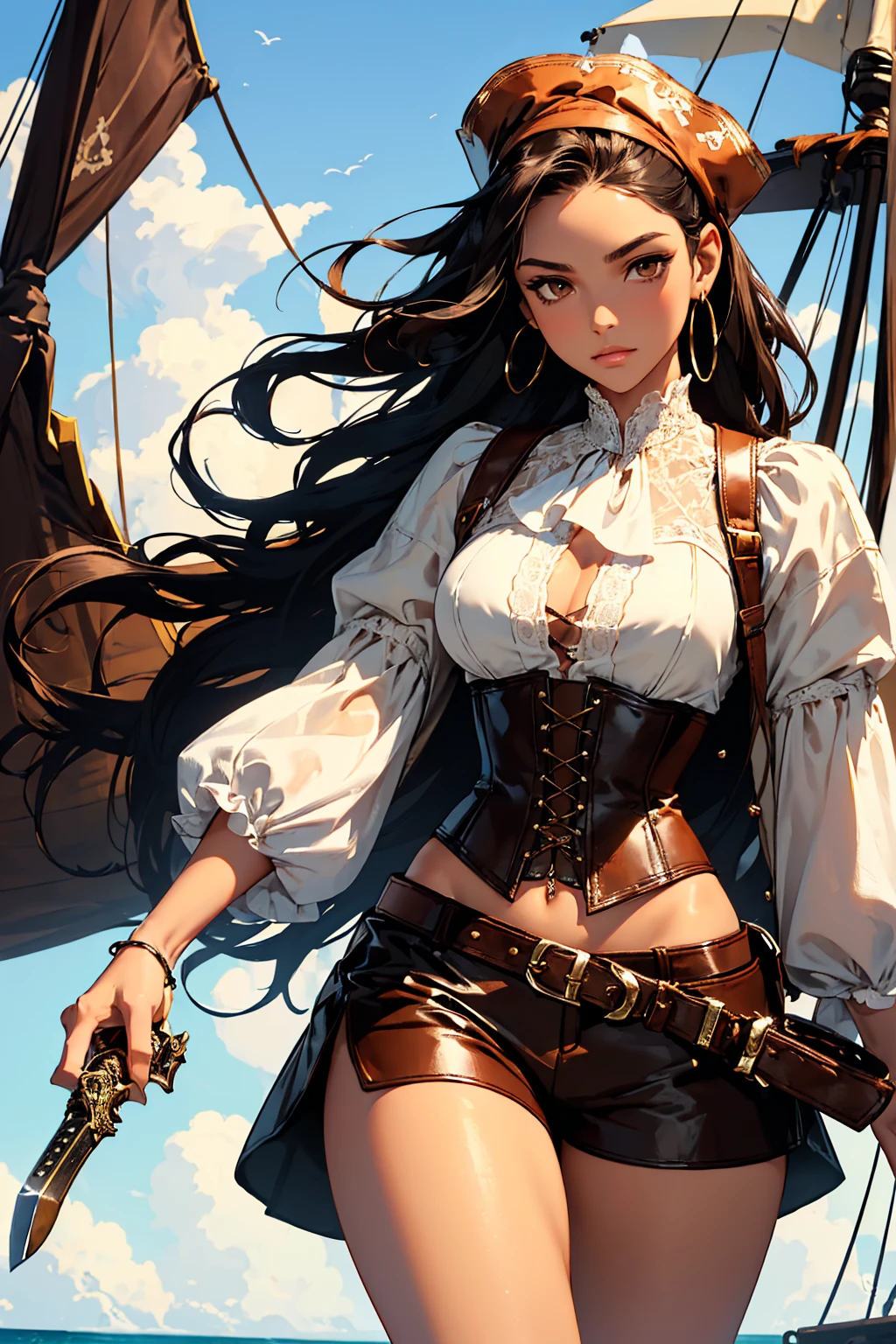 (masterpiece), best quality, expressive eyes, perfect face, (pirate ship background), (standing), (smirk), (closeup view), (1girl, selt, dark skin, tanned skin, black hair, wavy hairstyle, brown eyes, hourglass figure, thin body, skinny body, petite_body, medium breasts, thick thighs, long fingernails, brown plaid head wrap, white front lace blouse, long sleeve, loose fit, brown leather corset, brown leather shorts, brown boots, sheathed cutlass sword, flintlock pistol in holster, hoop earrings, miscellaneous jewelry)