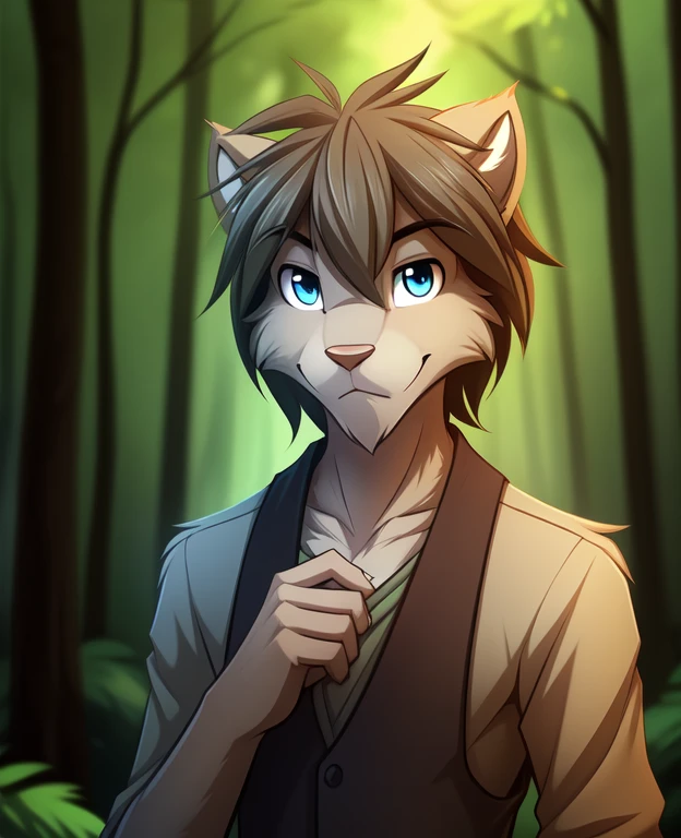 zen-twokinds, twokinds, by tom_fischbach,, (best quality, masterpiece:1), solo, furry male anthro, blue eyes, medium hair, fingers, finger claws, looking at viewer, green jackrabbit, (outdoors dark forest trees blurry blurred background:1.1),