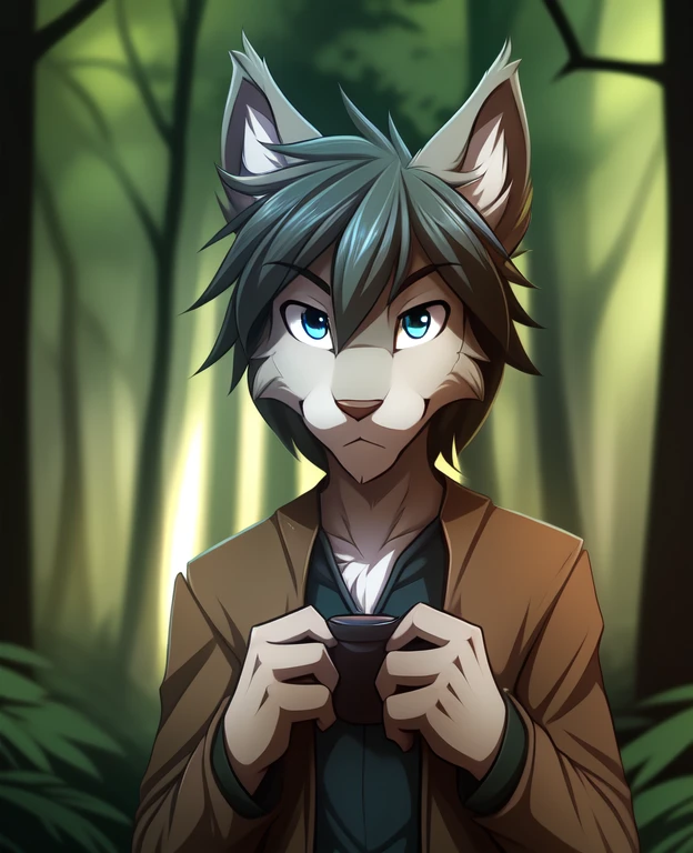 zen-twokinds, twokinds, by tom_fischbach,, (best quality, masterpiece:1), solo, furry male anthro, blue eyes, medium hair, fingers, finger claws, looking at viewer, green jackrabbit, (outdoors dark forest trees blurry blurred background:1.1),