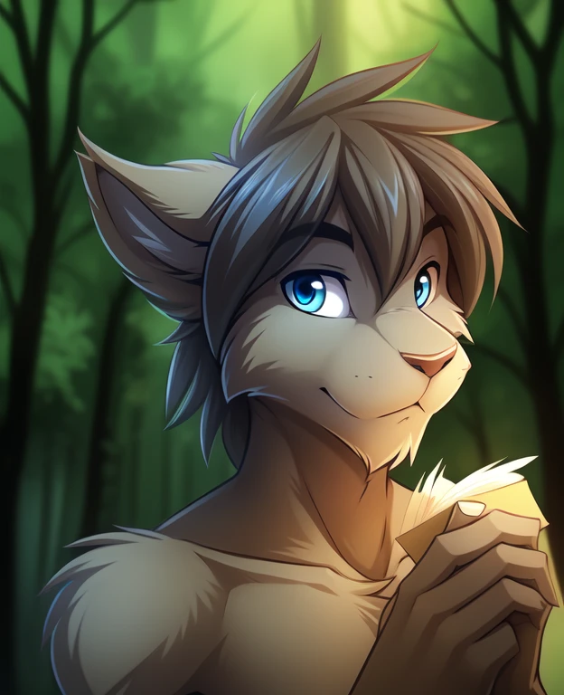 zen-twokinds, twokinds, by tom_fischbach,, (best quality, masterpiece:1), solo, furry male anthro, blue eyes, medium hair, fingers, finger claws, looking at viewer, green jackrabbit, (outdoors dark forest trees blurry blurred background:1.1),