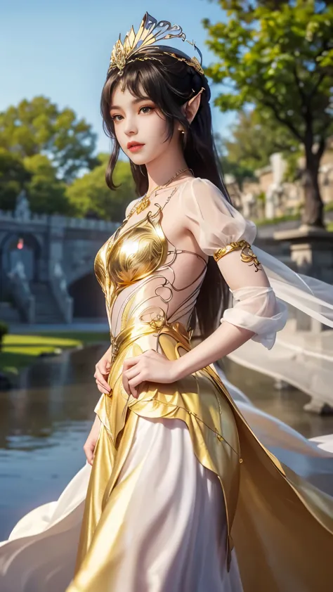 8k, masterpiece, a close up of a woman in a golden dress, perfect body, bare thigh, a beautiful fantasy empress, ((golden dress:...