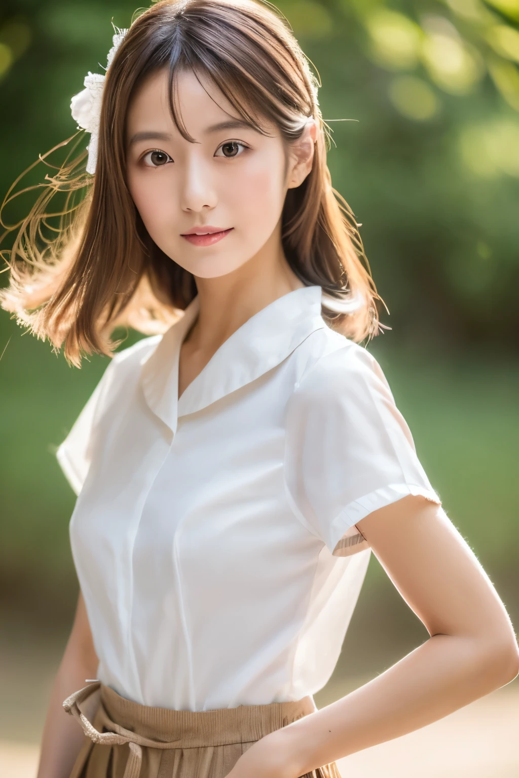 Masterpiece, high quality, high resolution, 8K, ((Skinny Japanese woman in a costume which consists of a short-sleeved white shirt and a light-brown long skirt)), beautiful face, natural makeup, detailed face, detailed eyes, a photo that feels endearing