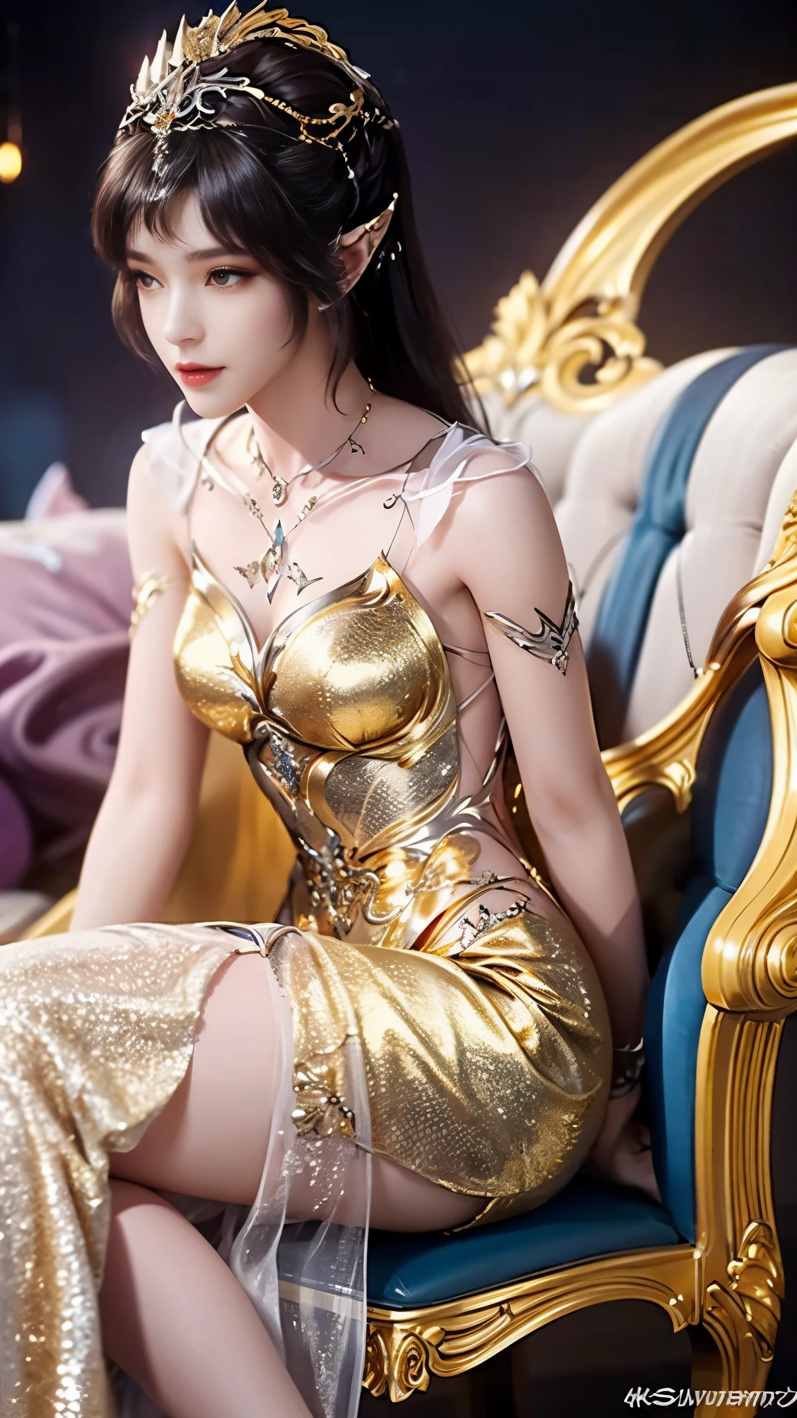 8k, masterpiece, a close up of a woman in a golden dress, perfect body, bare thigh, a beautiful fantasy empress, ((golden dress:1.5)), beautiful fantasy maiden, fantasy art style, trending on cgstation, beautiful and elegant elf queen, beautiful maiden, shining skin, intricate ornate anime cgi style, ((a beautiful fantasy golden empress)), beautiful alluring Realistic woman, shining skin, in the park, sun shining, Realistic shadow, front poses, sitting,