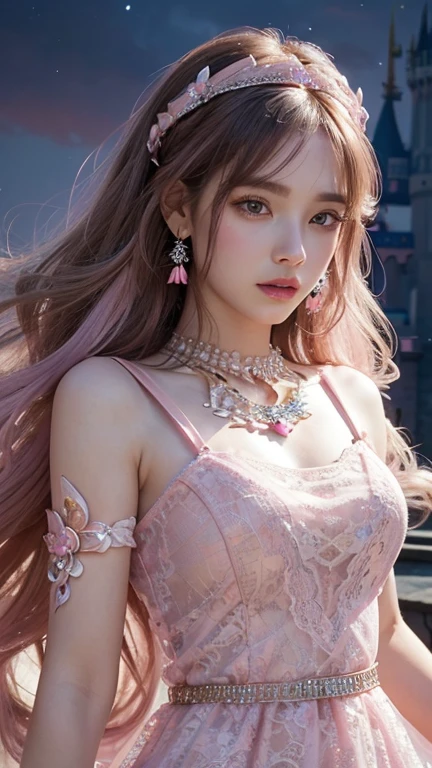 8K, ultra HD, masterpiece, realistic, 1 girl, good face, smoggy makeup, very long hair, princess hairstyle, detailed eyes, detailed lips, medium figure, very detailed dress, (PINK dress:1.5), (strap:1.5), (lace:1.5), (net stocking:1), (jewelry:1.8), (disney castle), night sky, water, bloom lighting, night lighting, darkness, attractive poses,