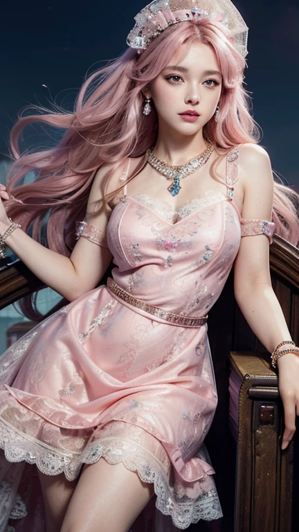 8K, ultra HD, masterpiece, realistic, 1 girl, good face, smoggy makeup, very long hair, princess hairstyle, detailed eyes, detailed lips, medium figure, very detailed dress, (PINK dress:1.5), (strap:1.5), (lace:1.5), (net stocking:1), (jewelry:1.8), (disney castle), night sky, water, bloom lighting, night lighting, darkness, attractive poses,