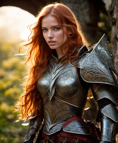 Masterpiece, a beautiful female elf knight (Nata Lee), bright eyes, red hair, broad shoulders, strong body, high detail pale ski...