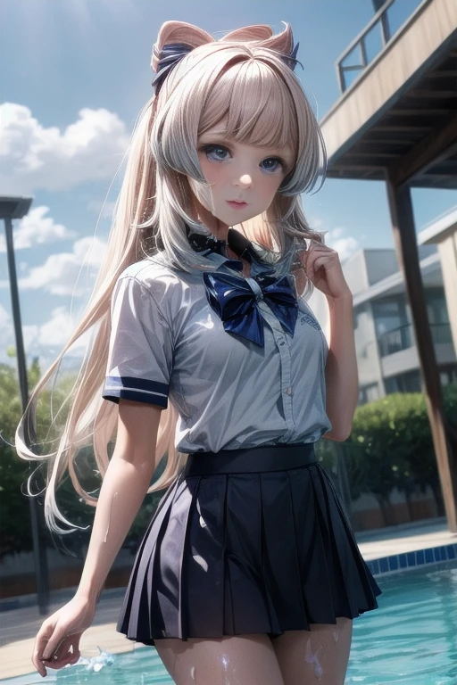 very cute and beautiful girl,tall,(highly detailed beautiful face and eyes:1.2),school uniform, loose collar, skirt, standing,stylish pose,looking at viewer,pool side,distant school building,dynamic angle,(long and beautiful legs:1.2) (best quality,masterpiece:1.2),highres,extremely detailed,solo, hair fluttering in the wind,beautiful detailed sky,(realistic),perfect hands,(many cum on body:1.2),Back to camera,Sangonomiya,sexy