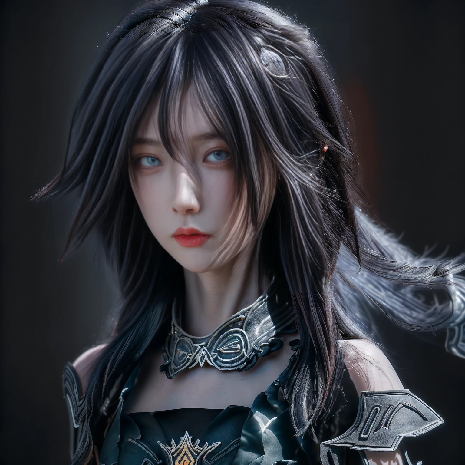 Masterpiece,Game art,The best picture quality,Highest resolution,8K,(Portrait),Unreal Engine 5 rendering works,(Digital Photography),((Portrait Feature:1.5)),
20 year old girl,Short hair details,With long bangs,(The red eye makeup is very meticulous),(With long gray hair:1.4),(Large, full breasts),Elegant and noble,Brave and charming,
(Future armor combined with the characteristics of ancient Chinese armor,Hollow design,Power Armor,The mysterious Eastern runes,A delicate dress pattern,A flash of magic),Warrior of the future,Cyberpunk figures,Background of war,
Movie lights，Ray tracing，Game CG，((3D Unreal Engine))，OC rendering reflection pattern