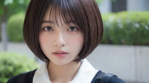 (Bob Cut Hair:1.2),(Wearing black school uniform:1.2),1 girl,Japanese,28 years old,(Small breasts:1.3),(highest quality,masterpi...