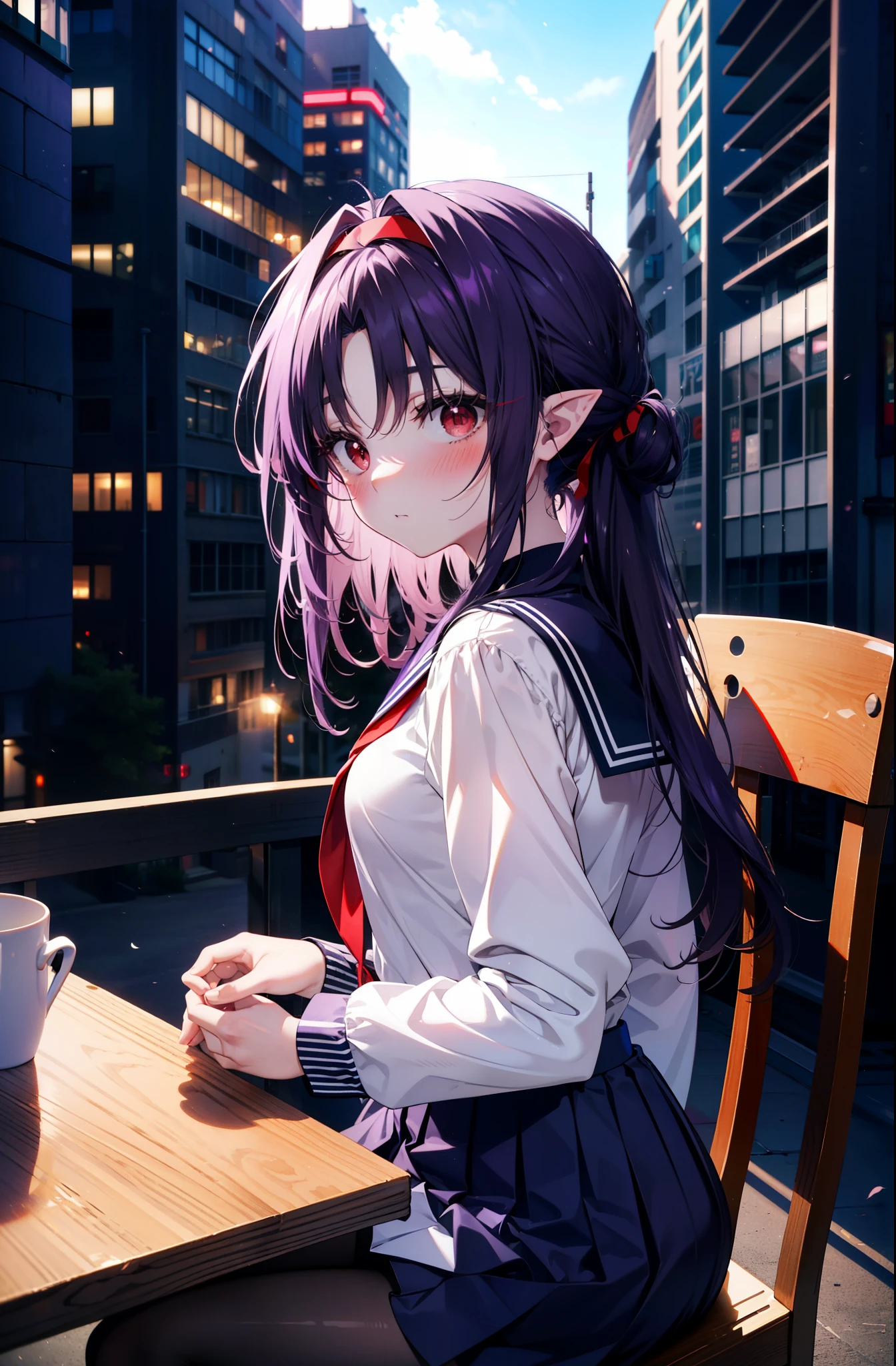 yuukikonno, Yuki Konno, hair band, Long Hair, Pointy Ears, Purple Hair,blush, Embarrassing,(Red eyes:1.5), (Small breasts:1.2), uniform(Purple sailor suit),Purple pleated skirt,White tights,Taking off tights on a chair,
break looking at viewer, Upper Body, whole body,
break outdoors, city,Building Street,
break (masterpiece:1.2), highest quality, High resolution, unity 8k wallpaper, (shape:0.8), (Beautiful and beautiful eyes:1.6), Highly detailed face, Perfect lighting, Highly detailed CG, (Perfect hands, Perfect Anatomy),