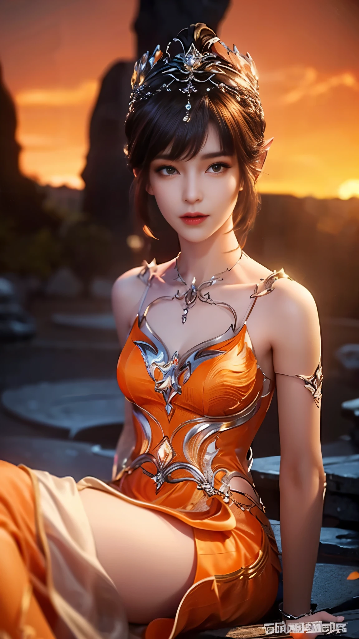 8k, masterpiece, a close up of a woman in a orange dress, perfect front body, bare thigh, ((very long hair)), a beautiful fantasy empress, ((orange fantasy dress:1.5)), beautiful fantasy maiden, fantasy art style, trending on cgstation, beautiful and elegant elf queen, beautiful maiden, shining skin, intricate ornate anime cgi style, ((a beautiful fantasy orange empress)), beautiful alluring Realistic woman, shining skin, in the park, sun shining, Realistic shadow, belly pose, sitting,